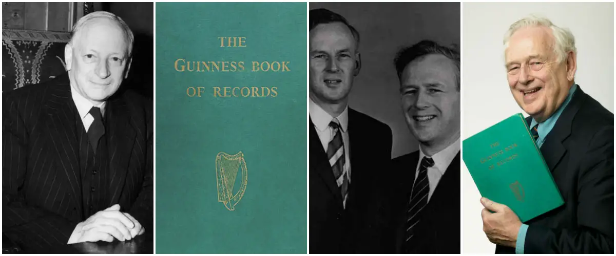 From left to right: Sir Hugh Beaver, the first Guinness World Records book, Ross and Norris McWhirter, Norris McWhirter